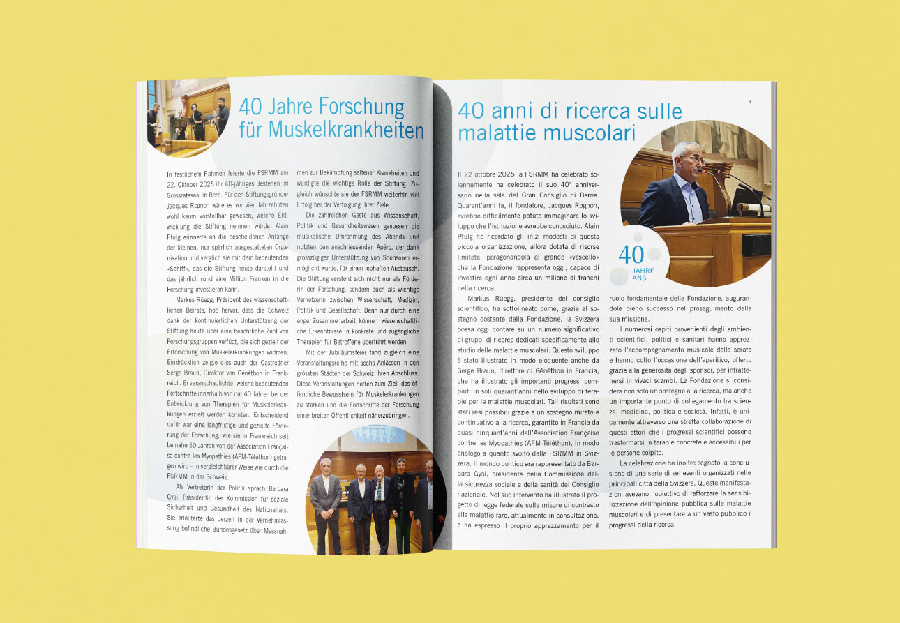 FSRMM, Schweizerische Stiftung zur Forschung von Muskelkrankheiten, Publikation, Barbara Kuberczyk Kommunikationsdesign, Editorial Design, Jahresbericht