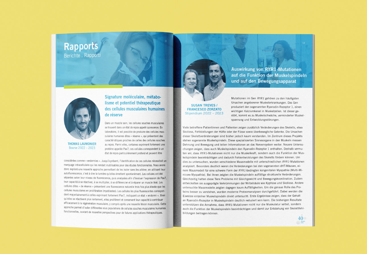 FSRMM, Schweizerische Stiftung zur Forschung von Muskelkrankheiten, Publikation, Barbara Kuberczyk Kommunikationsdesign, Editorial Design, Jahresbericht