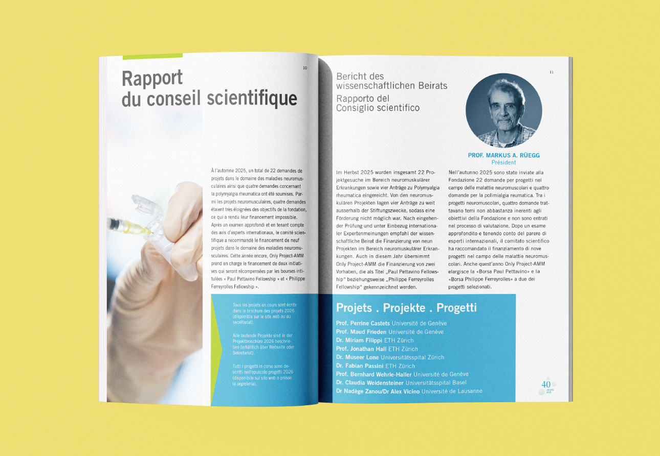 FSRMM, Schweizerische Stiftung zur Forschung von Muskelkrankheiten, Publikation, Barbara Kuberczyk Kommunikationsdesign, Editorial Design, Jahresbericht