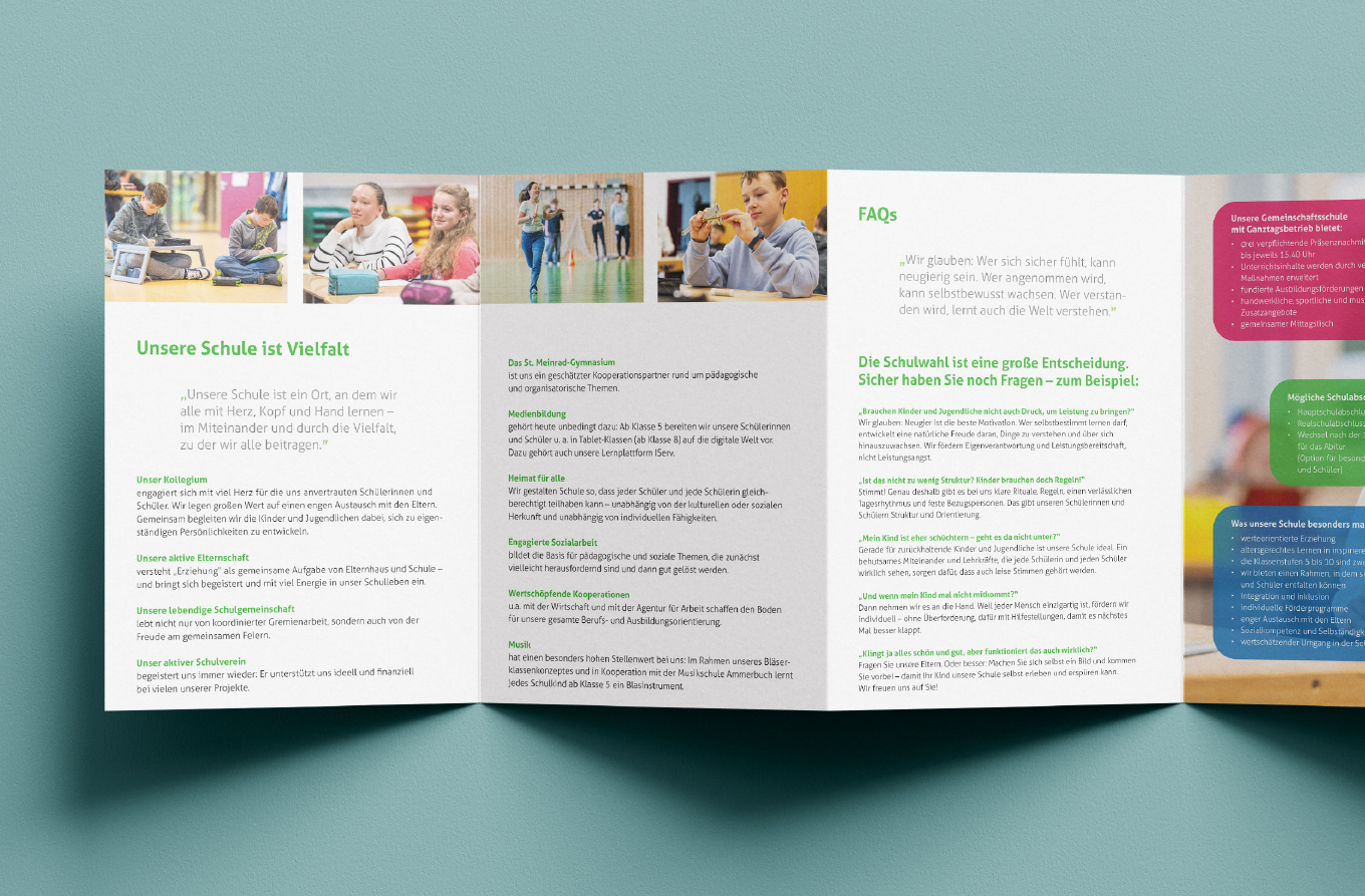 Leporello, Broschüre, Print, Schulbroschüre, Gemeinschaftsschule, Barbara Kuberczyk, Kommunikationdesign, Designbüro Konstanz, Leporello