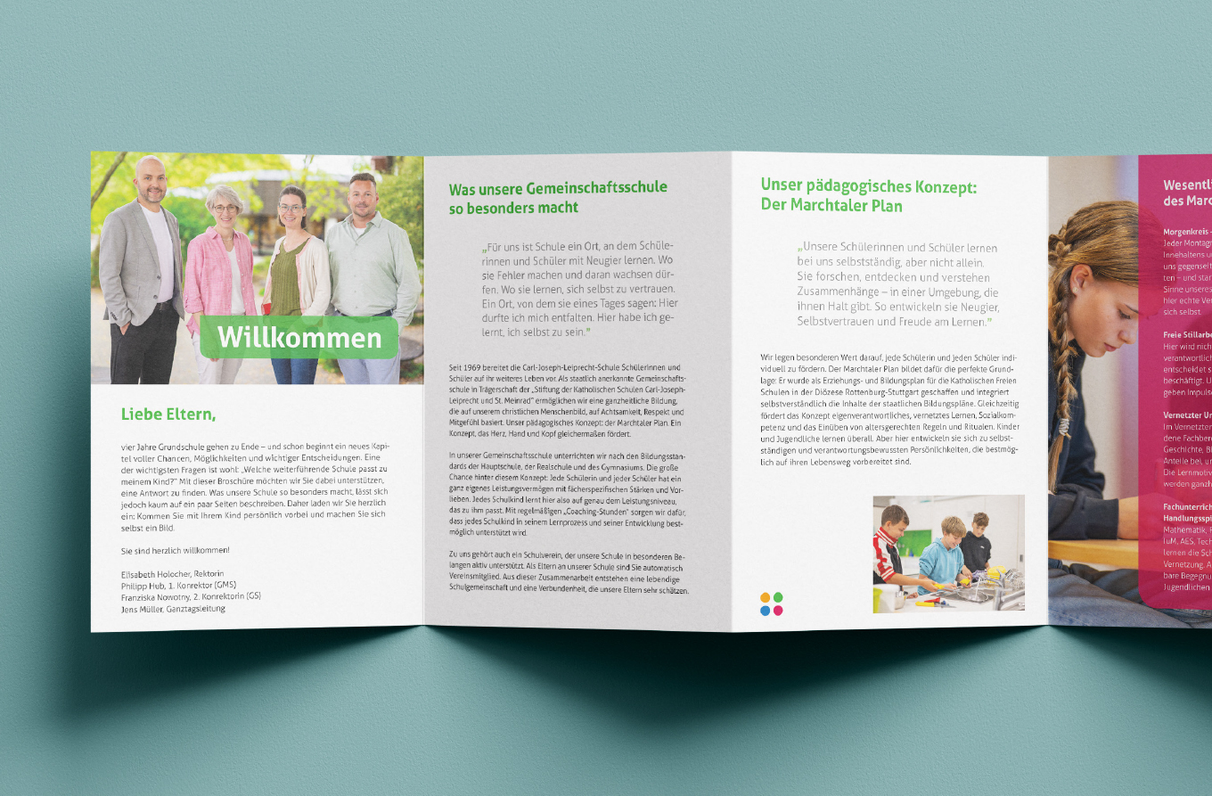 Leporello, Broschüre, Print, Schulbroschüre, Gemeinschaftsschule, Barbara Kuberczyk, Kommunikationdesign, Designbüro Konstanz, Leporello