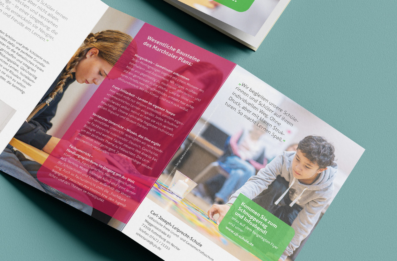 Leporello, Broschüre, Print, Schulbroschüre, Gemeinschaftsschule, Barbara Kuberczyk, Kommunikationdesign, Designbüro Konstanz, Leporello