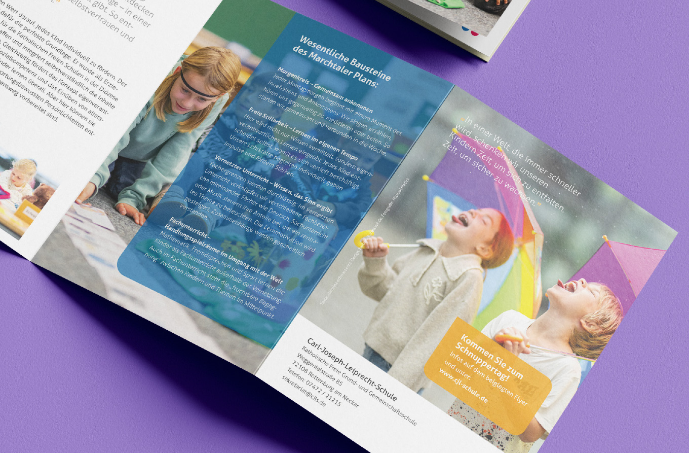 Leporello, Broschüre, Print, Schulbroschüre, Gemeinschaftsschule, Barbara Kuberczyk, Kommunikationdesign, Designbüro Konstanz, Leporello