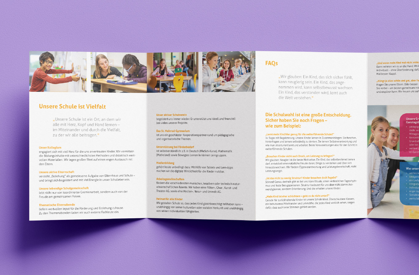 Leporello, Broschüre, Print, Schulbroschüre, Gemeinschaftsschule, Barbara Kuberczyk, Kommunikationdesign, Designbüro Konstanz, Leporello