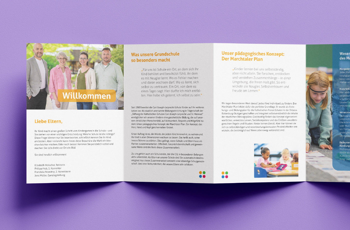 Leporello, Broschüre, Print, Schulbroschüre, Gemeinschaftsschule, Barbara Kuberczyk, Kommunikationdesign, Designbüro Konstanz, Leporello